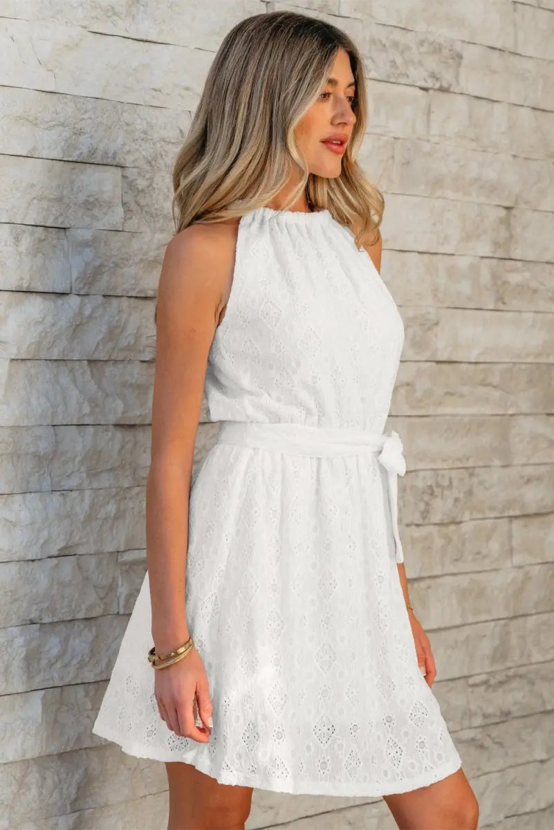 White Lace Sleeveless Knot Hollow Out Back Tied Waist Mini Dress - Love Salve